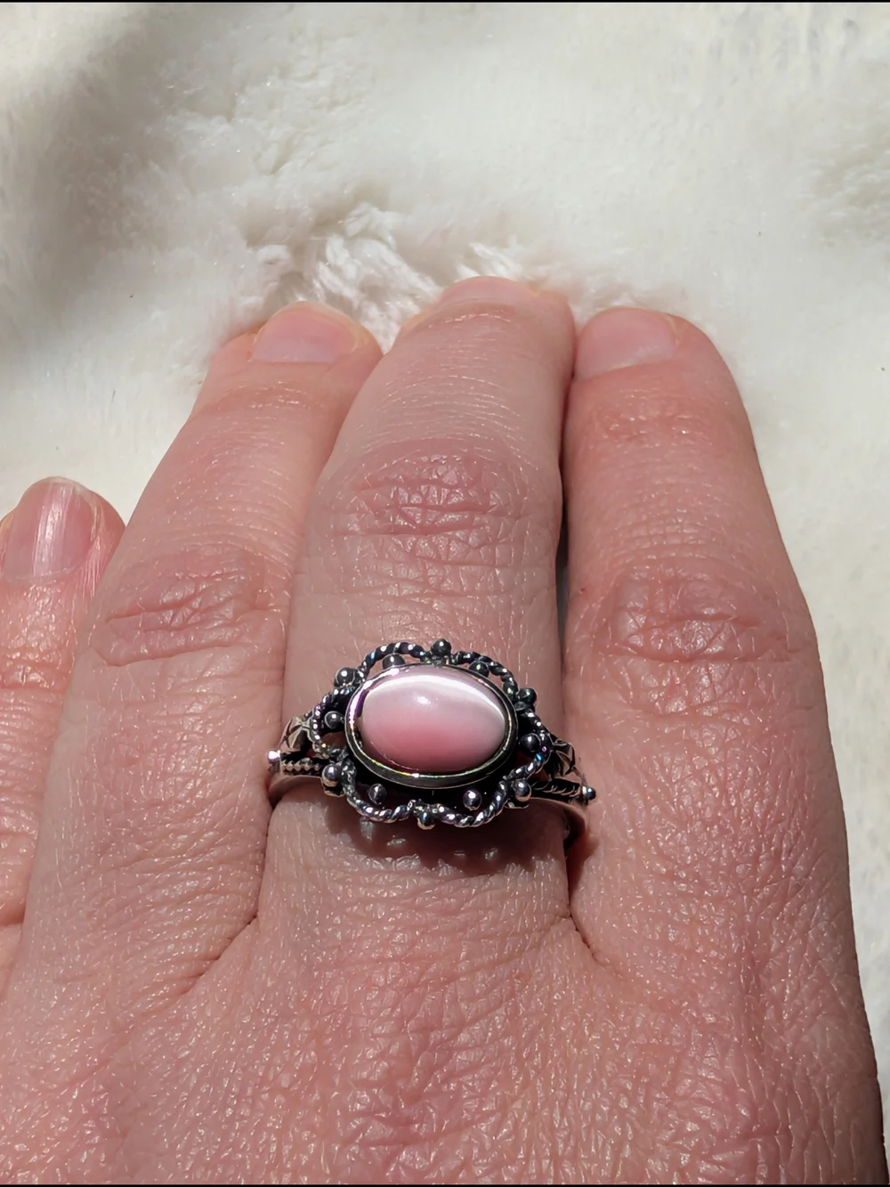 Sterling Silver Pink Cabochon Filigree Ring